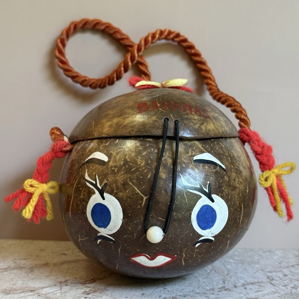 Vintage Bahamas Coconut Shell Novelty Purse Hand Painted Girl Face Tiki Souvenir